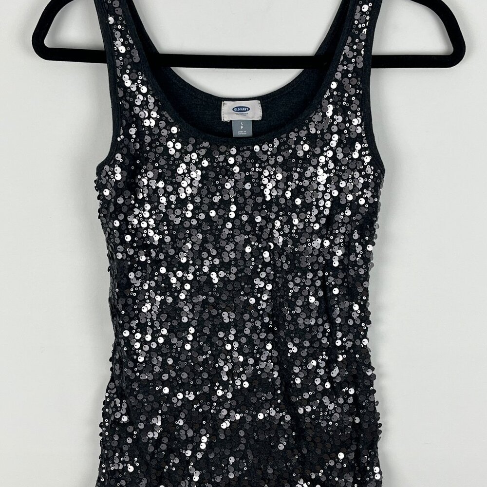 Old Navy Top Blouse Camisole Size S Gray Scoop Neck Sleeveless Stretch Sequin